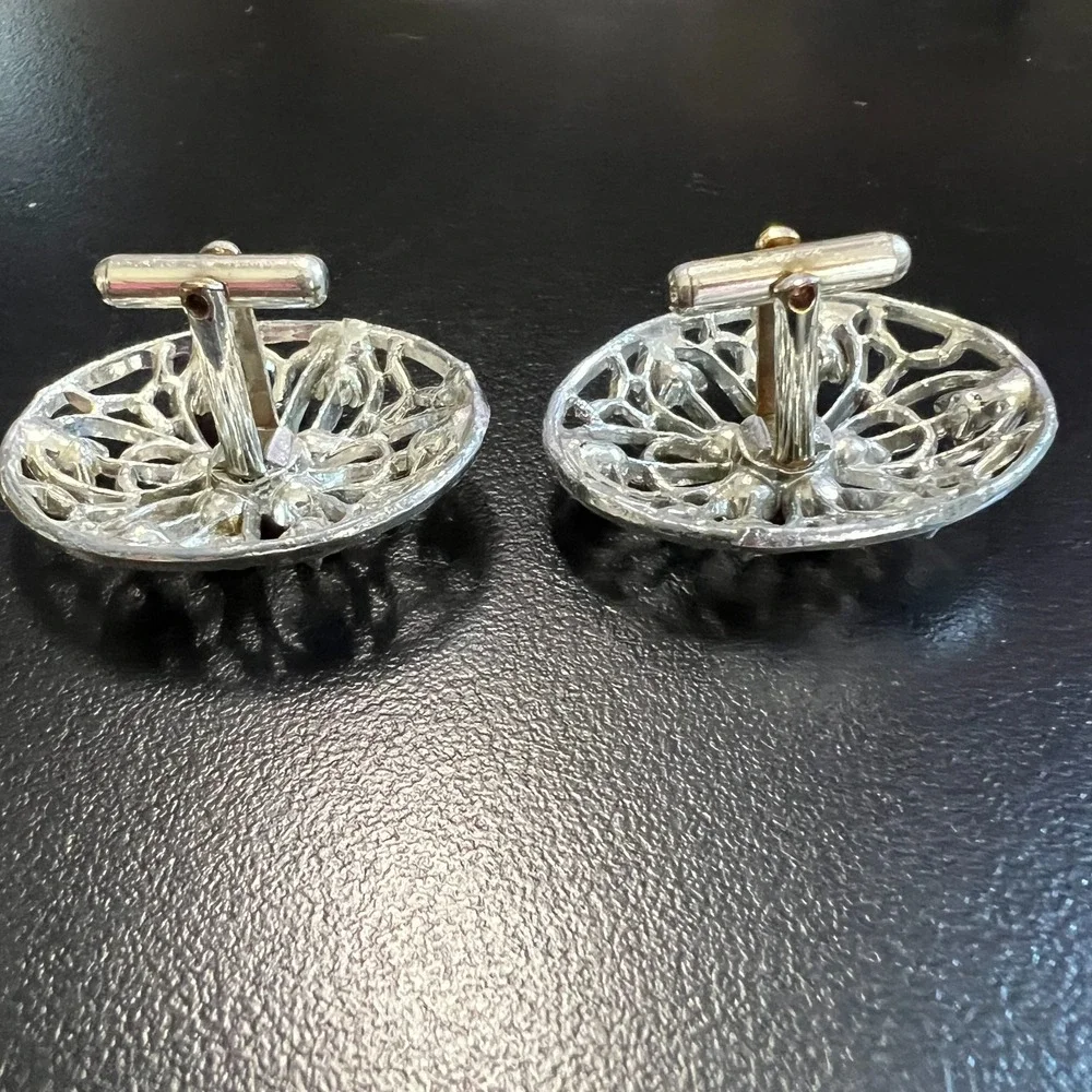 Vintage Silver Filigree Cufflinks Purple and Amber Rhinestones Oval Statement